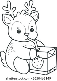 Coloring pages of funny baby Deer animal series stock illustration. outline of deer drinking a strawberry milk