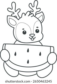 Coloring pages of funny baby Deer animal series stock illustration. outline of deer bring a watermelon