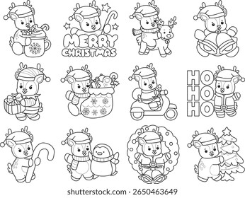 Coloring pages of funny baby Deer animal series stock illustration. outline of deer in the variation of Christmas party