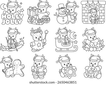 Coloring pages of funny baby Deer animal series stock illustration. outline of Merry Christmas by deer