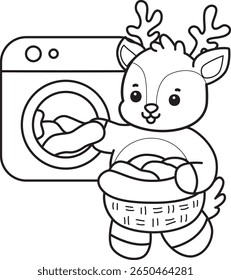 Coloring pages of funny baby Deer animal series stock illustration. outline of deer washing a clothes with washing machine