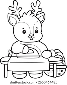 Coloring pages of funny baby Deer animal series stock illustration. outline of deer ironing the clothes
