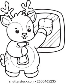 Coloring pages of funny baby Deer animal series stock illustration. outline of deer cleaning the window with spray and wipe