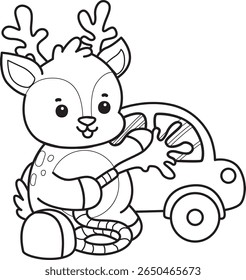 Coloring pages of funny baby Deer animal series stock illustration. outline of deer washing a car