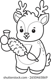 Coloring pages of funny baby Deer animal series stock illustration. outline of deer cleaning the vase with feather duster