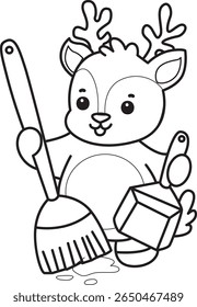 Coloring pages of funny baby Deer animal series stock illustration. outline of deer cleaning the floor with broom and duster