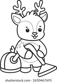 Colorir páginas de engraçado bebê Cervo série animal ilustração de estoque. esboço de veados limpando o chão com aspirador de pó
