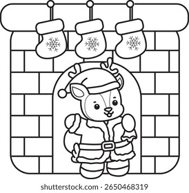 Coloring pages of funny baby Deer animal series stock illustration. outline of Santa deer arrive in the fire place