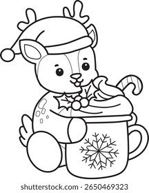 Coloring pages of funny baby Deer animal series stock illustration. outline of deer with hot chocolate