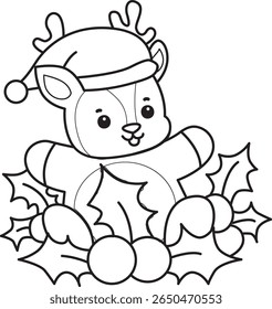 Coloring pages of funny baby Deer animal series stock illustration. outline of Santa deer in the middle of Cherry plants
