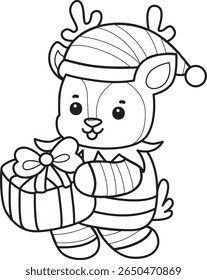 Coloring pages of funny baby Deer animal series stock illustration. outline of dwarf deer bring a gift box