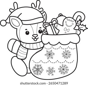 Coloring pages of funny baby Deer animal series stock illustration. outline of Santa deer bring a big red socks