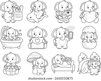 Coloring pages of Funny baby Elephant. outline of elephant in the variation of daily life
