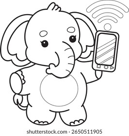 Coloring pages of Funny baby Elephant. outline of elephant bring a phone