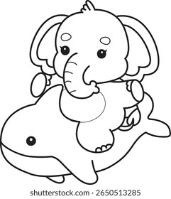 Coloring pages of Funny baby Elephant. outline of elephant riding a shark