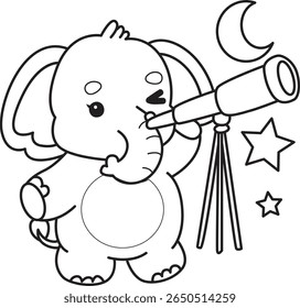 Coloring pages of Funny baby Elephant. outline of elephant see the sky by telescope
