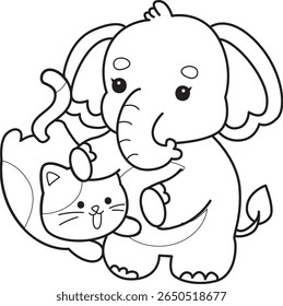 Coloring pages of Funny baby Elephant. outline of elephant playing with kitten
