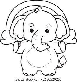 Coloring pages of Funny baby Elephant. outline of elephant in front of the rainbow