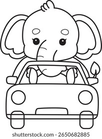 Colorir páginas de Engraçado bebê Elefante. esboço de elefante dirigindo um carro