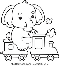 Coloring pages of Funny baby Elephant. outline of elephant riding a train