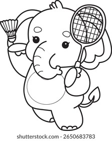 Coloring pages of Funny baby Elephant. outline of elephant playing a badminton