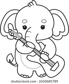 Coloring pages of Funny baby Elephant. outline of elephant playing a guitar 