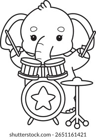Coloring pages of Funny baby Elephant. outline of elephant playing a drum in the band