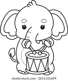 Coloring pages of Funny baby Elephant. outline of elephant playing a drum in the festival