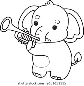 Coloring pages of Funny baby Elephant. outline of elephant playing a trumpet