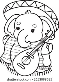 Colorir páginas de Engraçado bebê Elefante. contorno de elefante tocando uma guitarra com traje de Indiana