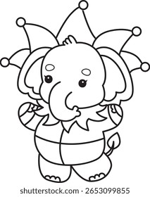 Colorir páginas de Engraçado bebê Elefante. esboço de elefante vestindo um traje de palhaço 