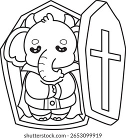 Coloring pages of Funny baby Elephant. outline of vampire elephant sleeping in the coffin