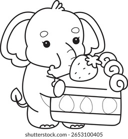 Colorir páginas de bebê engraçado Elefante. contorno de elefante trazer um bolo de morango
