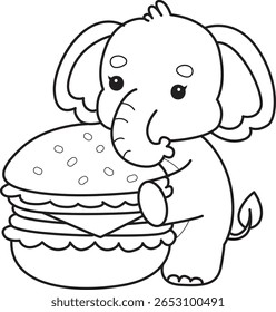 Colorir páginas de Engraçado bebê Elefante. contorno de elefante trazer um hambúrguer