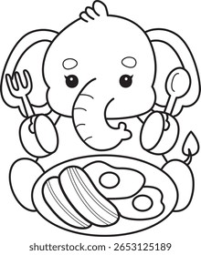 Coloring pages of Funny baby Elephant. outline of elephant want to eating bacon and eggs