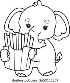 Colorir páginas de Engraçado bebê Elefante. contorno de elefante trazer uma batata frita