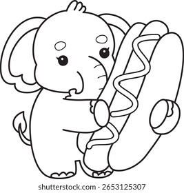 Coloring pages of Funny baby Elephant. outline of elephant hugging a hot dog