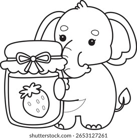 Coloring pages of Funny baby Elephant. outline of elephant bring a strawberry jam