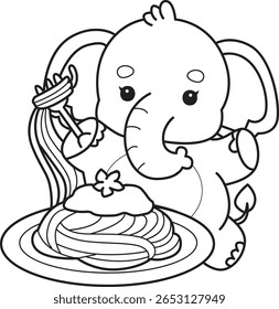 Colorir páginas de Engraçado bebê Elefante. contorno de elefante quer comer espaguete