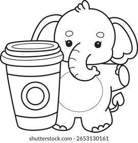 Colorir páginas de Engraçado bebê Elefante. contorno de elefante trazer uma xícara de café