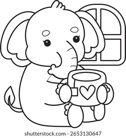 Coloring pages of Funny baby Elephant. outline of elephant bring a hot tea