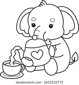 Coloring pages of Funny baby Elephant. outline of elephant pouring a tea from the teapot 