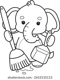 Colorir páginas de Engraçado bebê Elefante. contorno de elefante varrendo o chão com vassoura e pó