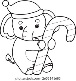 Coloring pages of Funny baby Elephant. outline of Santa elephant bring a stick candy