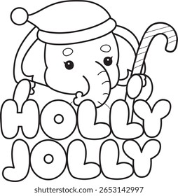 Colorir páginas de Engraçado bebê Elefante. contorno de Santa elefante com holly texto Jolly