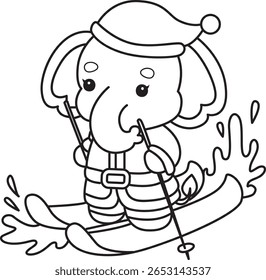 Colorir páginas de Engraçado bebê Elefante. contorno de Santa elefante jogando patinação no gelo