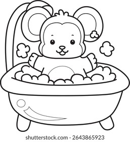 Coloring pages of Funny baby Monkey animal series stock illustration. Outline of life of fluffy Monkey designs. outline of monkey take a bath