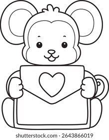 Coloring pages of Funny baby Monkey animal series stock illustration. Outline of life of fluffy Monkey designs. outline of monkey bring love letter