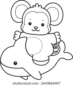 Coloring pages of Funny baby Monkey animal series stock illustration. Outline of life of fluffy Monkey designs. outline of monkey riding a shark