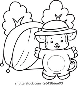 Coloring pages of Funny baby Monkey animal series stock illustration. Outline of life of fluffy Monkey designs. outline of monkey in the camp